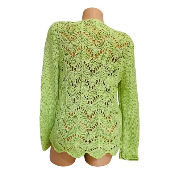 Chico's Women’s Size 0 Crew-neck Open Knit Long Sleeve Crochet Sweater Lime - Picture 4 of 5
